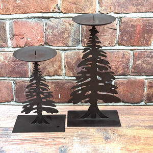 Set of 2 Vintage Black Metal Tree Cut Out Pillar Candle Holders Spike Pedestal